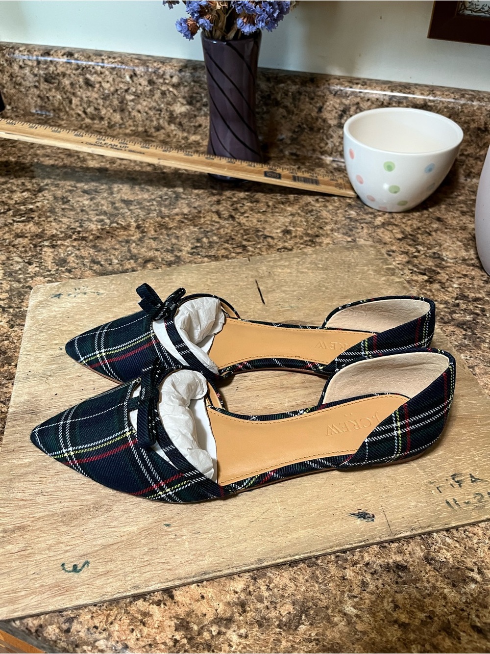 J. Crew Size 8 Navy Plaid Pointed D'Orsay Flats with Bow - Picture 2 of 6